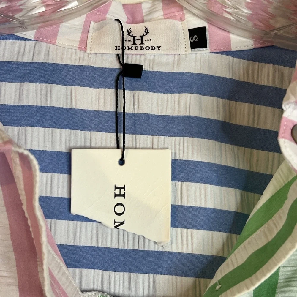 NWT Homebody Seersucker Colorblock Striped Puff LongSleeve  Button Up Sz Small - Picture 7 of 8
